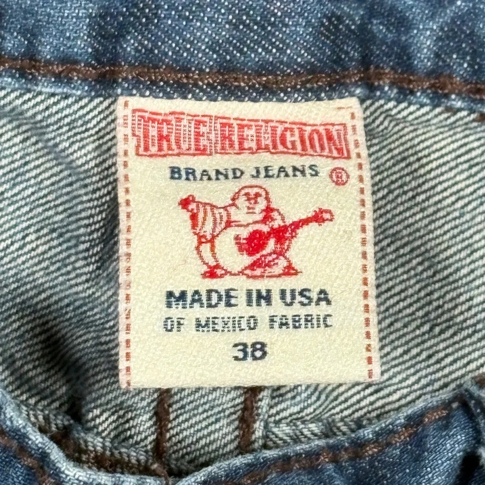 True Religion Jeans Mens 38x34 Ricky Big T Blue Straight Leg Contrast Stitch EUC